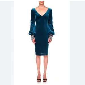 Badgley Mischka Velvet Balloon Sleeve Beaded Cuff Dress